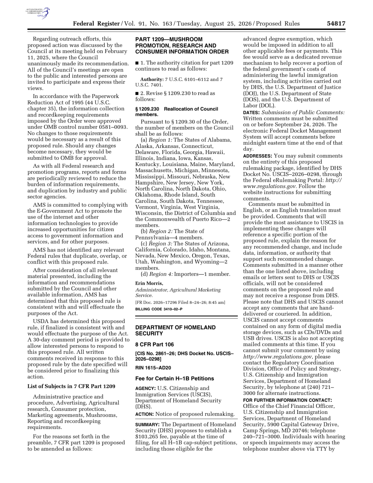 8月25日《联邦公报》原文:ACTION栏写明这是Notice of proposed rulemaking;SUMMARY提出103,265美元收费。